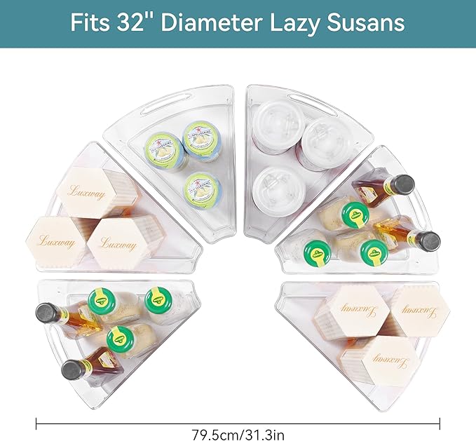 Oubonun Lazy Susan Organizers Set of 6, 12.8’’ x 11.7’’ x 4’’ Plastic Transparent Kitchen Cabinet Storage Bins with Handle, 4" Deep Container, 1/8 Wedge - Food Safe, without BPA-Ruum Studio Home