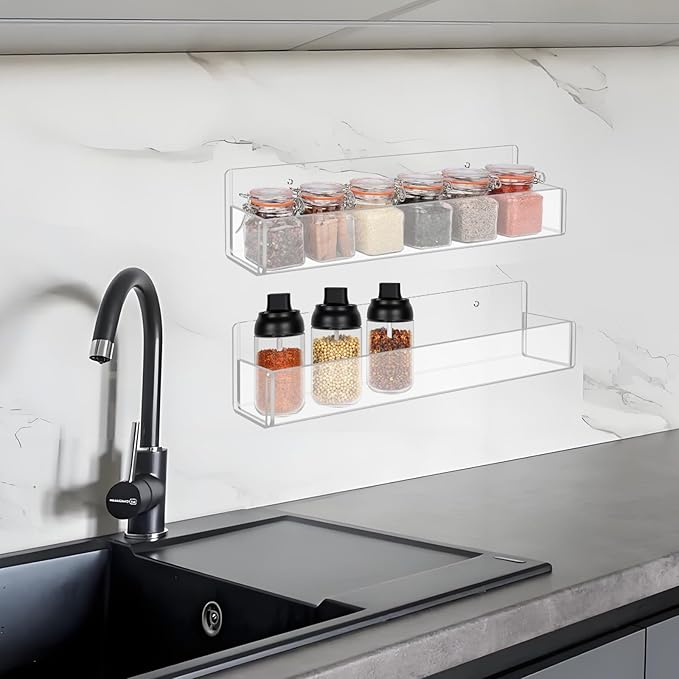 Acrylic Spice Rack Wall Mount-12 Inch, Clear Spice Shelf Storage Holder, 2 Pack Hanging Seasoning Rack Organizer for Cabinet Door, Cupboard or Wall Kitchen (Adhesive or Screw)-Ruum Studio Home