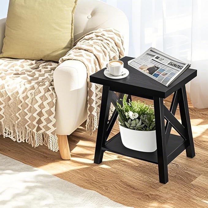 Black End Table, 2-Tier End Tables Living Room, Wood Side Table, Modern Side Table-Ruum Studio Home