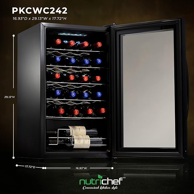 Nutrichef 24 Bottle Wine Fridge | Single Zone Wine Chiller | Adjustable Temperature Control 41°F to 64°F | Ultra Quiet Operation | Wine Cooler For Home & Office | Free Standing 29x16x17 IN-Ruum Studio Home