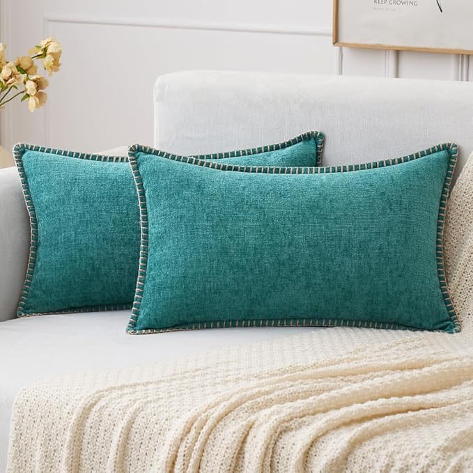 MIULEE Pack of 2 Couch Throw Pillow Covers 12x20 Inch Teal Farmhouse Decorative Pillow Covers with Stitched Edge Soft Chenille Solid Dyed Spring Pillow Covers for Sofa Bed Living Room-Ruum Studio Home
