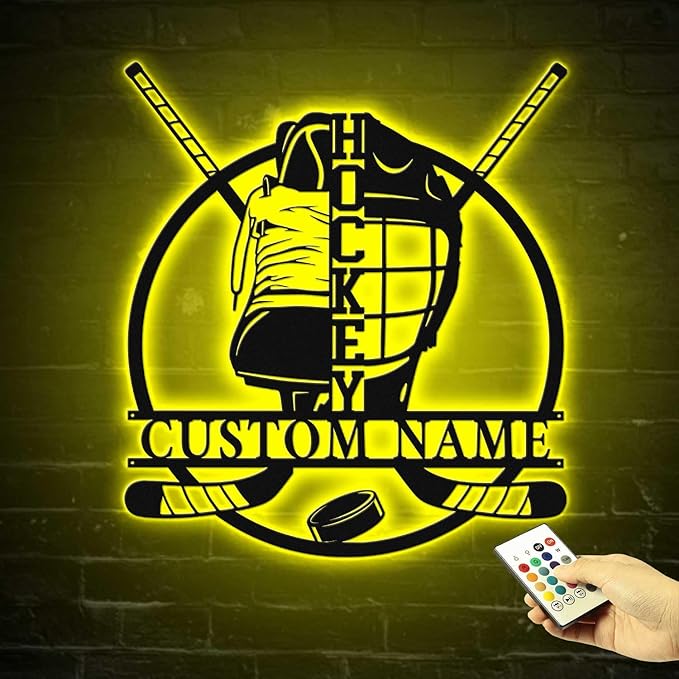 Personalized Ice Hockey Neon Sign - Custom Name Wall Light with Helmet and Crossed Sticks, 16-Color LED with Remote Control, Hockey Decor for Boys, Man Cave, Game Room, Gift for Players, Fans-Ruum Studio Home