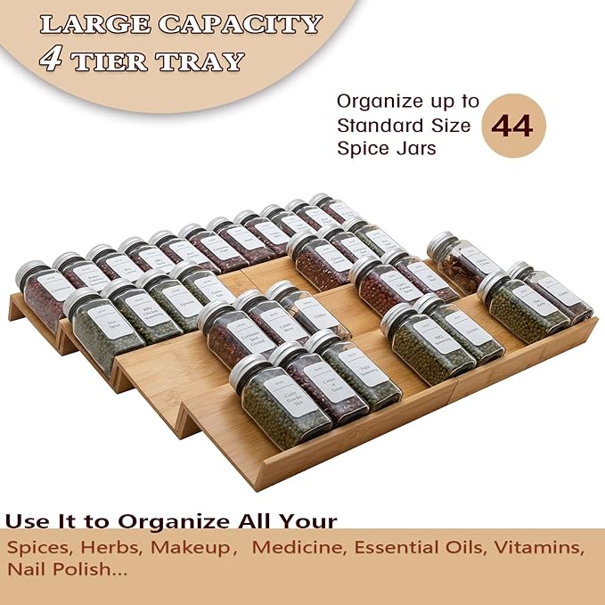 Bamboo Spice Rack Drawer Organizer - 8 Pieces Set- 10" Wide Per Piece - Combine Pieces Into 20" Wide Rack (10" or 20")-Ruum Studio Home