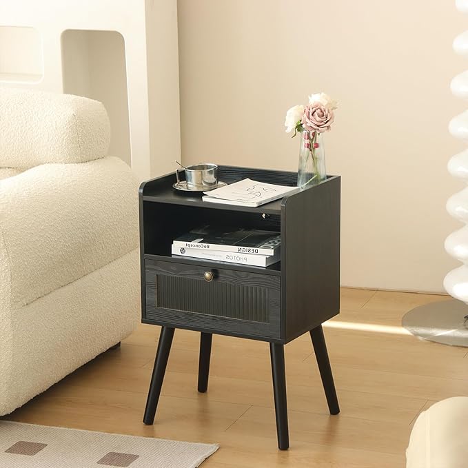 AWASEN Black Nightstand with Charging Station, Modern Bedside Table with Glass Decorative Drawer, Small End Table Side Table with 2 Tiers Storage Space, for Bedroom, Office and Small Space (Black)-Ruum Studio Home