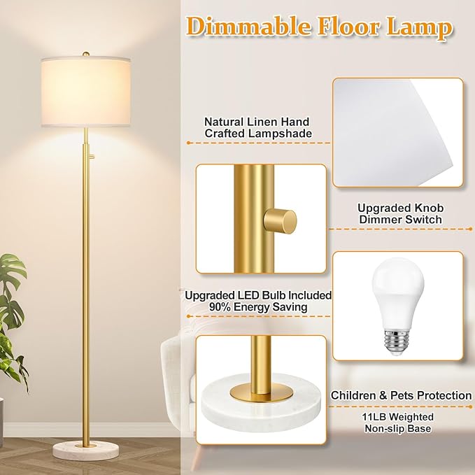 【Upgraded】Dimmable Gold Floor Lamps for Living Room, 11W LED Bulb Included, Modern Standing Lamp with Marble Base, Tall Pole Light with White Linen Shade for Bedroom Reading Office Corner Nursery-Ruum Studio Home