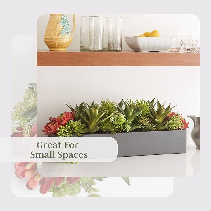 Oblong Faux Succulent Arrangement, Premium Artificial Indoor Plant Enhances Interior Design, Display on any Surface in Your Home Adding an Inviting Touch of Nature, Grey Planter Pot Included-Ruum Studio Home