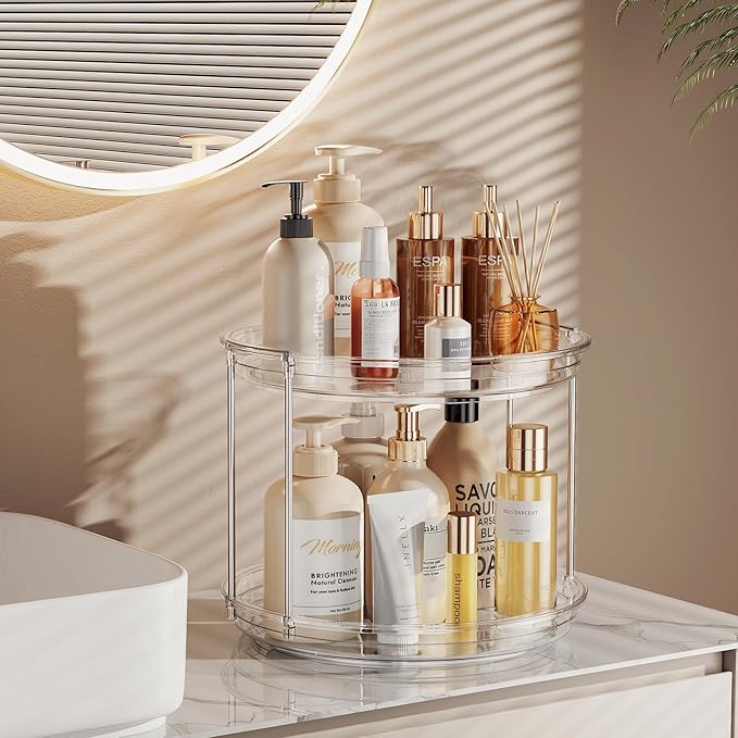 LAMU 2 Tier Lazy Susan Turntable Organizer 9.25'' Rotating Spice Rack Organization for Cabinet, Kitchen, Pantry, Countertop, Bathroom, Vanity, Medicine Cabinet Organizer, Clear-Ruum Studio Home