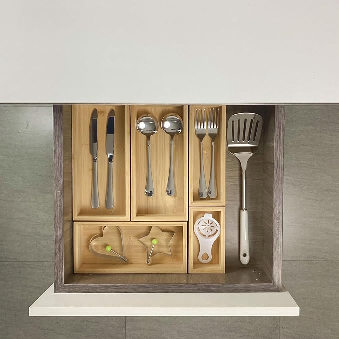 bamboo drawer organizer Set，expandable drawer dividers,wooden storage organizers,large trays for kitchen, bathroom,flatware,Tea Bag Organizer (1 X 5PCS Natural)-Ruum Studio Home