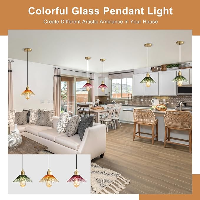 3-Pack Pendant Lights, Modern Glass Ceiling Hanging Light Fixtures,Adjustable Three Color Glass Shades Vintage Gold Chandeliers for Kitchen Island Dining Room Livingroom Entryway Farmhouse Bar-Ruum Studio Home