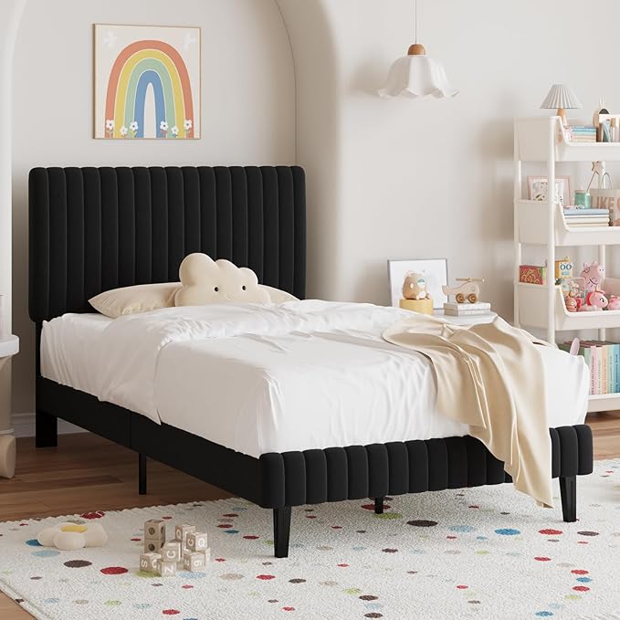 Twin Bed Frame, Velvet Upholstered Platform Bed with Vertical Channel Tufted Headboard and Footboard, No Box Spring Required, Easy Assembly, Black-Ruum Studio Home