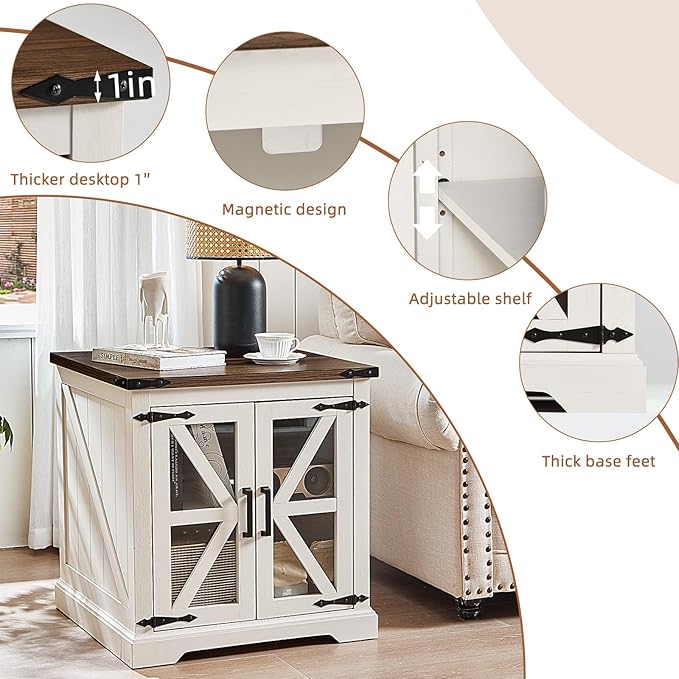 24" End Table with Charging Station, Farmhouse Night Stand with Glass Barn Door, White Nightstands with Adjustable Storage Shelf, Large Wood Square Bed Side Table for Living Room,Bedroom-Ruum Studio Home