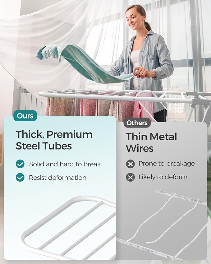 SONGMICS Clothes Drying Rack, Foldable 2-Level Laundry Drying Rack, Free-Standing Laundry Airer, with Height-Adjustable Wings, 33 Drying Rails, Sock Clips, White and Gray ULLR053G01V1-Ruum Studio Home