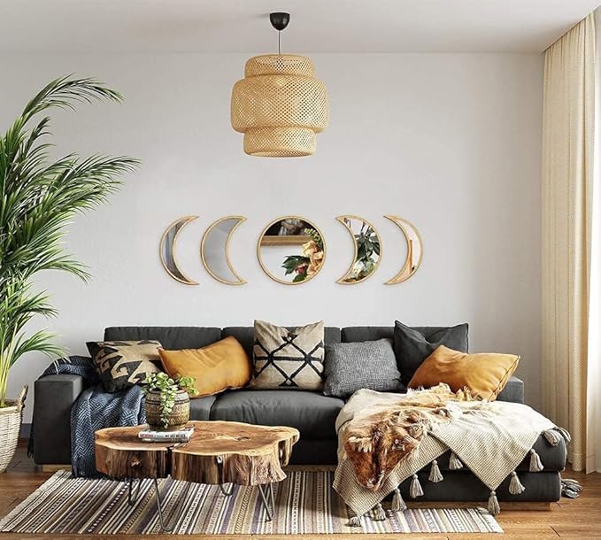 5 pcs Scandinavian Natural Decor Acrylic Moonphase Mirrors Interior Design Moon Phase Mirror Bohemian Wall Decoration for Home Living Room Bedroom Decor - No Need to Punch (Gold)-Ruum Studio Home