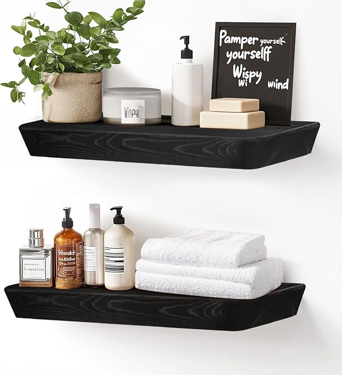 16"x6.8"x1.6" Slanted Floating Wall Shelves 2-Pack - Rustic Black Finish, Heavy-Duty Solid Wood Design with Hidden Brackets - Perfect for Living Room, Kitchen, Bathroom, or Office-Ruum Studio Home