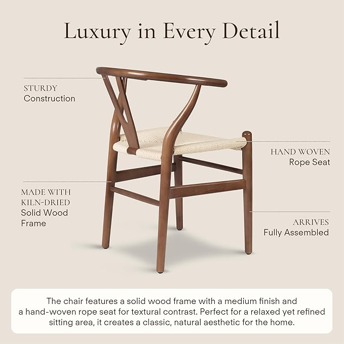 POLY & BARK Weave Dining Chair – Mid-Century Modern Wishbone Dining Chair with Arms, Solid Wood Frame, Indoor Use – Walnut – Single - Ideal for Dining Room, Kitchen or Stylish Accent Setting-Ruum Studio Home