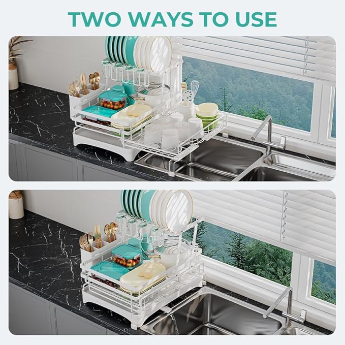 2 Tier Large Dish Drying Rack - Extendable Dish Rack, 2-in-1 Anti-Rust Stainless Steel Dishrack for Kitchen Counter and Sink, Dish Strainer with Utensil Holder & Cup Holder(White)-Ruum Studio Home