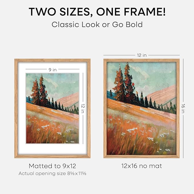 Homeforia 12x16 Wood Frame, High End Natural Oak 12x16 Light Wooden Picture Frame with Mat 9x12, 12 x 16 Poster Frames Matted to 9 by 12 Photo, 16x12 Hanging Frames, Tempered Glass, Wall Kit, Set of 1-Ruum Studio Home