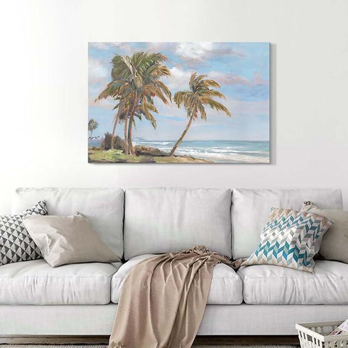 cozy country Palm Tree Wall Art 45"x30" - Coastal Pictures Beach Canvas Ocean Decor - Nautical Artwork Seascape Hand Painting for Living Room, Bedroom, Sea House-Ruum Studio Home