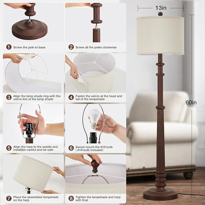 Floor Lamps for Living Room - 60" Resin Farmhouse Floor Lamp with 3 Color Temperatures - Vintage Standing Lamp Reading Light with Linen Shade Tall Lamp for Bedroom Office, Reddish Brown-Ruum Studio Home