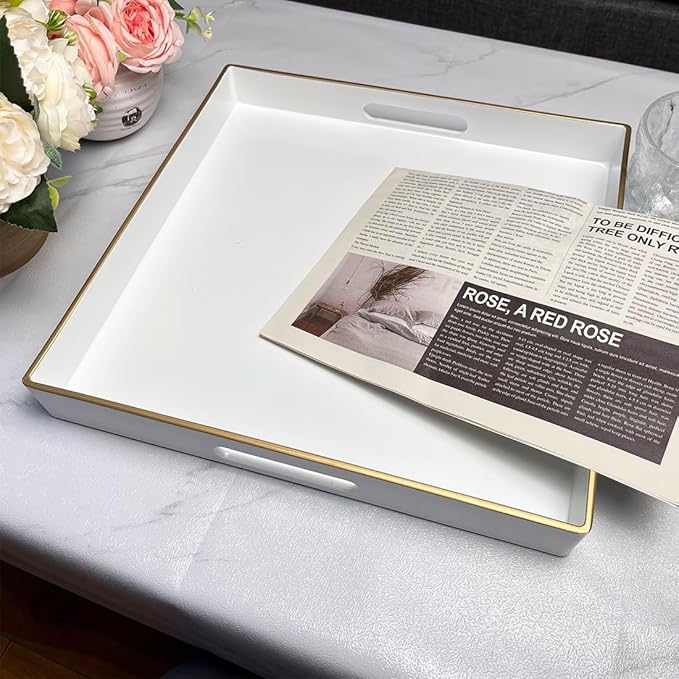White Decorative Tray, Square Serving Tray with Handles, Plastic Coffee Table Tray for Ottoman, Living Room, Kitchen Tabletop, 13"x13"x1.6"-Ruum Studio Home