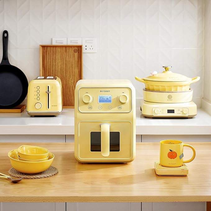 BUYDEEM F51 8-in-1 Air Fryer 4.2QT, Retro Countertop Airfryer Oven with Visible Window, Shake Reminder, One-touch Control with LCD Display, Mellow Yellow-Ruum Studio Home