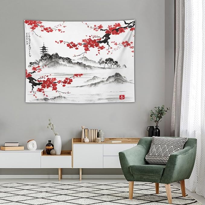 Cherry Blossoms Tapestry, Japanese Fuji Mountain Wall Tapestry, Nature Landscape Wall Art for Bedroom & Living Room Decor, 40"x30"-Ruum Studio Home
