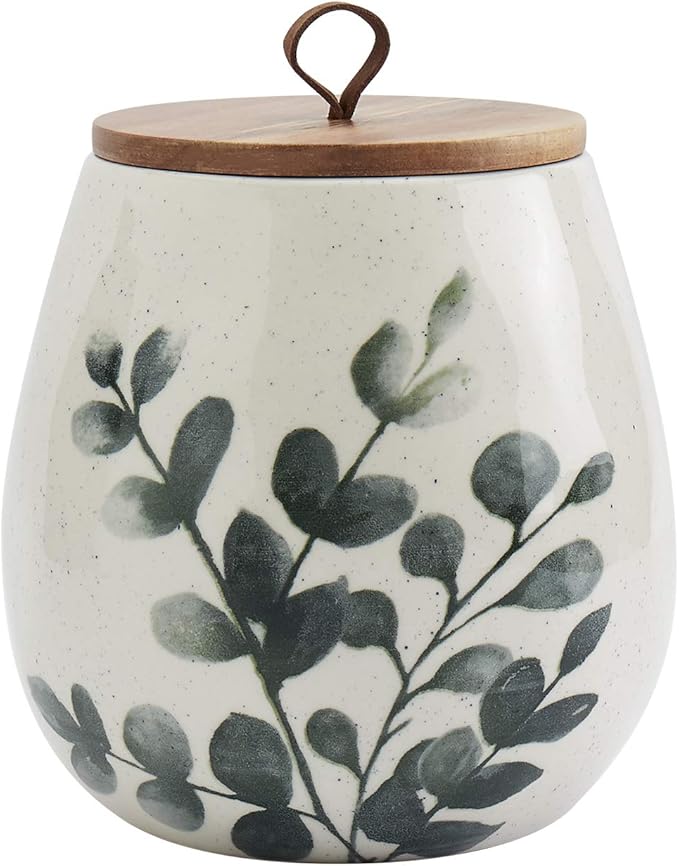 TTU Tabletops Gallery Ceramic Canister Collection- Stoneware Designed Kitchen Storage Acacia Wood White Set, 3 Piece Green Leaf Canister Set-Ruum Studio Home