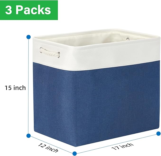Bidtakay Extra Large Storage Baskets for Shelves 3 Pack Fabric Storage Bins for Organizing Linen Collapsible Organizer for Closet-White&Blue-Ruum Studio Home