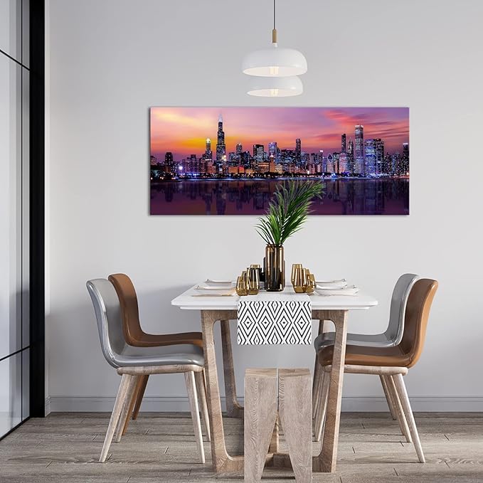 Fochorlo Large Chicago Canvas Modern City Skyline Wall Art Downtown Night Picture Prints Ready To Hang 20"X48"-Ruum Studio Home