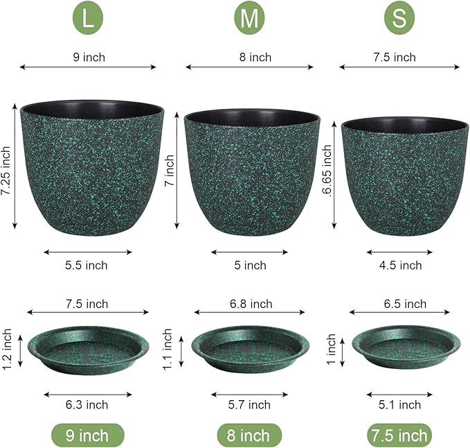 Plant Pots 9/8/7.5inch, Set of 3 Modern Decorative Plastic Planters with Drainage Holes and Saucer for Garden House Plants, Flower Pots for Indoor Outdoor Plants, Black with Green Speckles-Ruum Studio Home