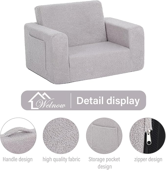 Welnow 2-in-1 Kids Sofa Chair, Convertible Toddler Chair Flip Out Children Sofa Chair Folding Kids Play Sofa with Side Pockets & Removable Cover Armrest Chair for Girl or Boy-Ruum Studio Home