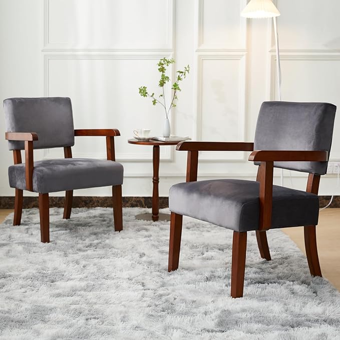 Accent Chair Set of 2 with Table, Living Room Chairs with VelvetSoft Seat and Armrests for Living Room Bedroom Reading Room Waiting Room (Greyvelvet)-Ruum Studio Home
