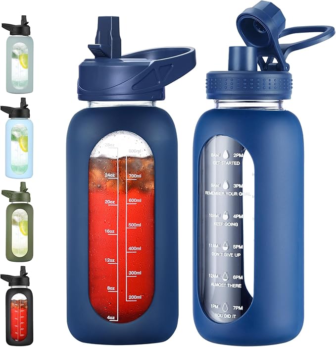 32 oz Glass Water Bottle with Straw and Handle, Sports Motivational Water Flask with Silicone Sleeve, Large Leakproof Water Flask Cup with Time Marker for Travel, Gym, Navy-Ruum Studio Home