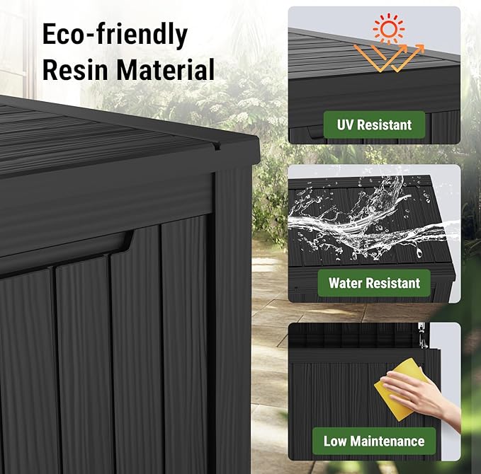 Mars Villa 119 Gallon Outdoor Storage Box Waterproof, Large Resin Deck Box for Pool Supplies Storage, Outdoor Patio Furniture Cushions, with Hydraulic Hinge, UV-Resistant and Weatherproof, Black-Ruum Studio Home
