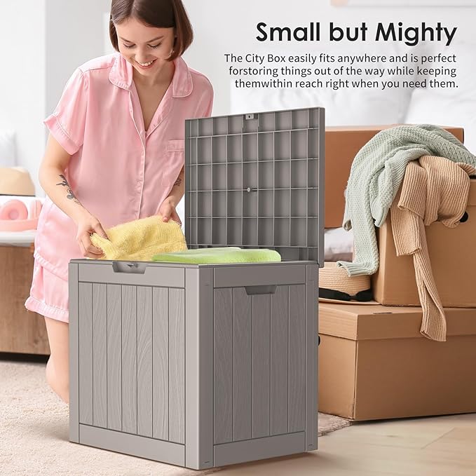 Vixzen 30 Gallon Resin Deck Box - Lockable Outdoor Storage for Patio Cushions, Garden Tools, Pool Supplies，Grey-Ruum Studio Home