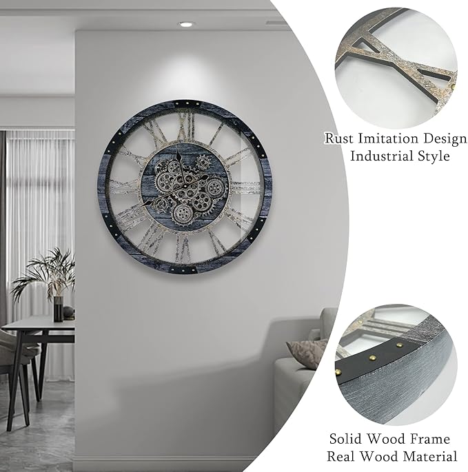 24 Inch Industrial Steampunk Wall Clock, Oversized Solid Wood Frame, Battery Operated, Large Wall Clock with Real Rotating Gears, Gray-Ruum Studio Home