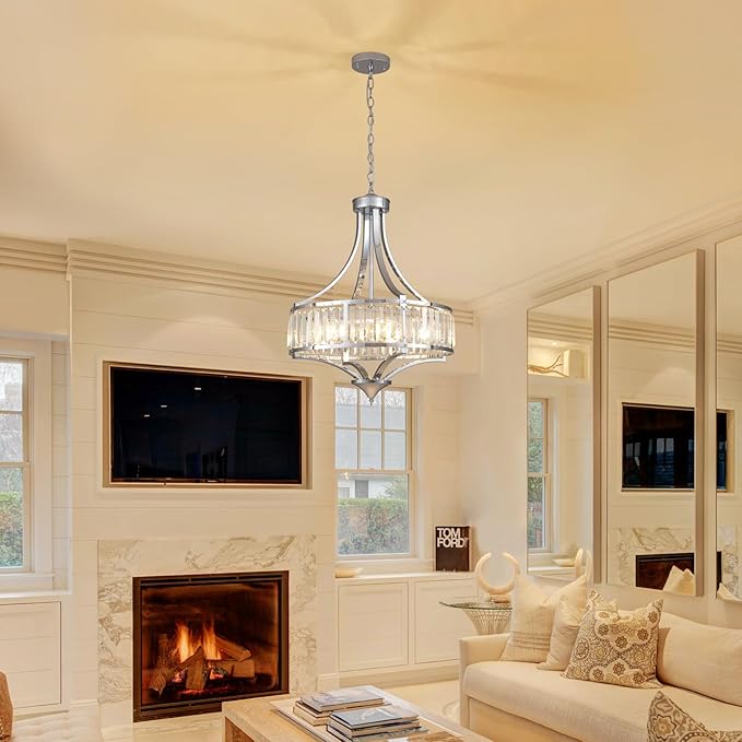 Modern Chrome Crystal Chandelier, 20 Inch Large Ceiling Pendant Light Fixture with 50'' Adjustable Hanging Chain, 5-Light Farmhouse Chandelier for Dining Room, Living Room, Bedroom, Entryway-Ruum Studio Home