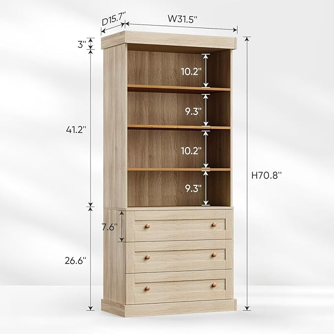 Vyre 71" Tall Farmhouse Bookshelves with Drawers, Large Modular Bookcase with Adjustable Shelves, Storage Cabinet for Living Room， Home Office, Kitchen, Brown-Ruum Studio Home
