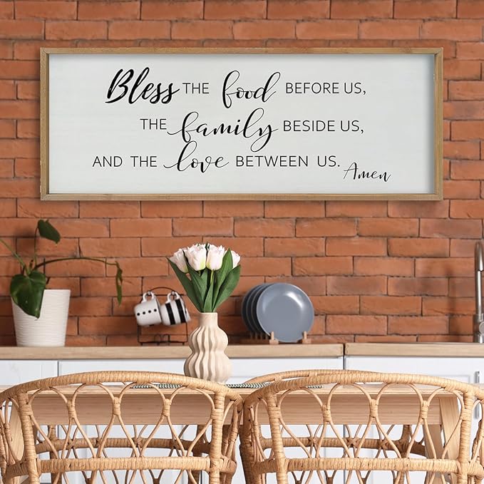 SRSZHIYUE Bless the Food Before Us Wall Sign Decor 40"×15" Christian Bible Verse for Farmhouse Rustic Kitchen Dining Room Framed Wood Scripture Religious Jesus Prayer Wall Art (Wood)-Ruum Studio Home
