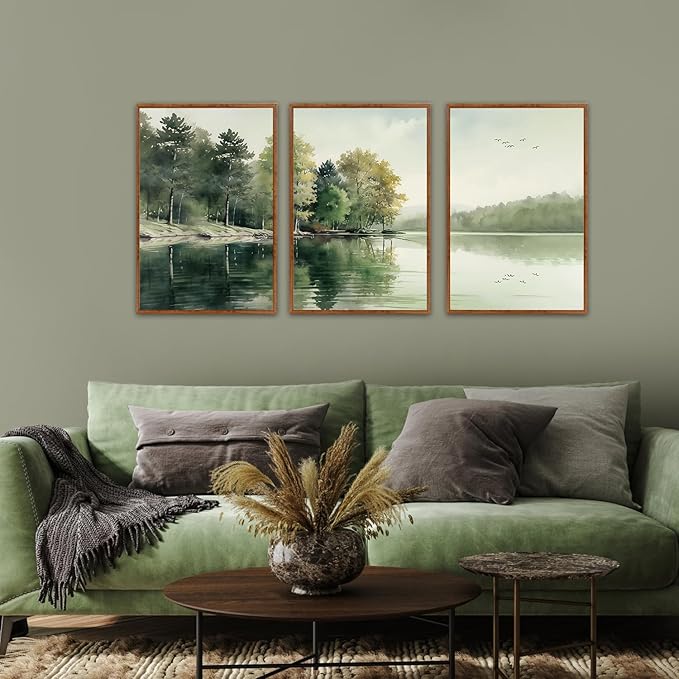 KAIRNE Framed Nature Canvas Wall Art Set,Misty Forest Wall Decor,Green Mountain Forest Pictures,Lake Water Painting set of 3(16”x24”),Landscape Scene Print for Living Room, Bedroom,Gallery Decor-Ruum Studio Home