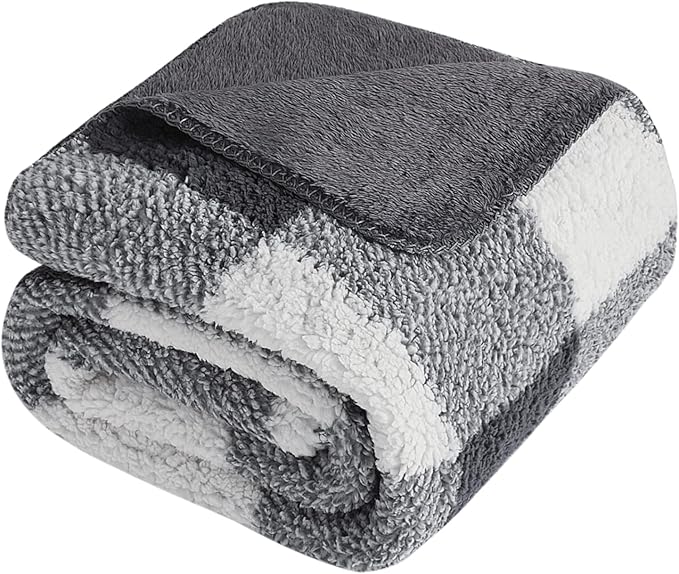 LURKA Checkered Sherpa Fleece Queen-Size Bed Blanket - Extra Thick and Warm Winter Soft Fuzzy Plush Blanket for Couches, Beds & Pets, Smoke Grey, 90x90 Inches-Ruum Studio Home