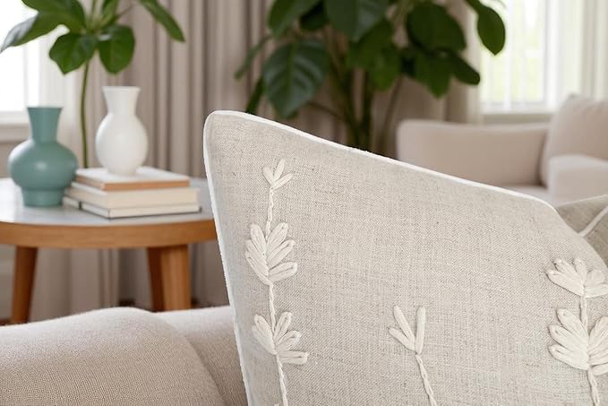 VAGMINE Hand Embroidered Daisy Accent Throw Pillow Cover - 18x18 Inches Square - 100% Linen Natural Decorative Cushion Cover for Couch, Sofa, Bed - Textured Embroidery - Boho Floral Home Décor-Ruum Studio Home