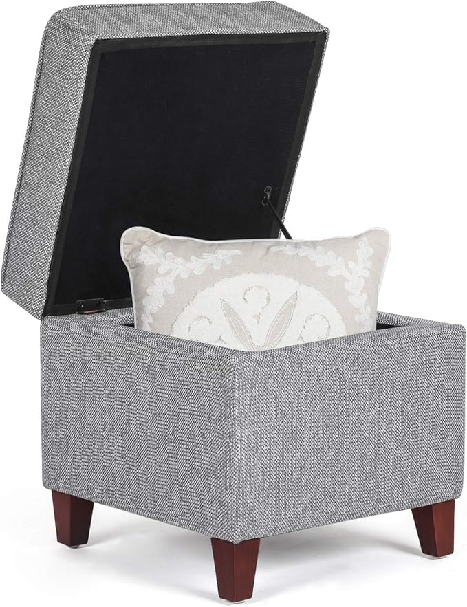 Adeco 17" Square Ottoman with Storage, Small Blue Storage Ottoman Foot Rest with Hinged Lid & Solid Wood Legs, Linen Fabric Foot Stool for Living Room & Bedroom-Ruum Studio Home