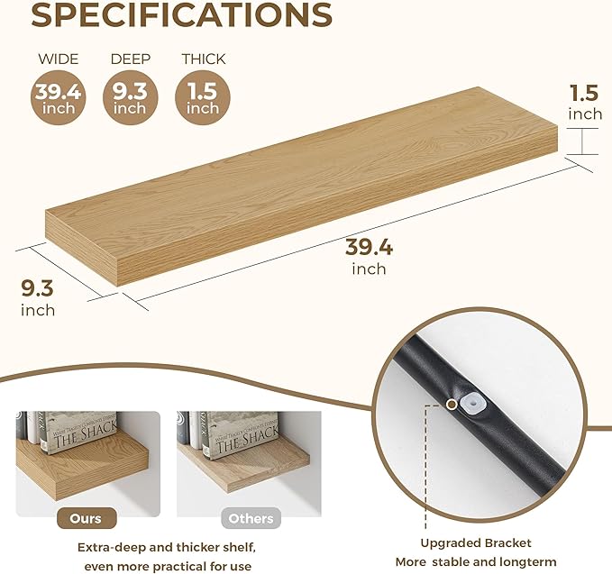 Dreamland 40 Inches Floating Shelves for Wall, 9.3" Deep Long Floating Shelves Set of 2, Large Display & Storage Shelf, Wall Shelf for Bathroom Bedroom Living Room Kitchen Office, Oak-Ruum Studio Home