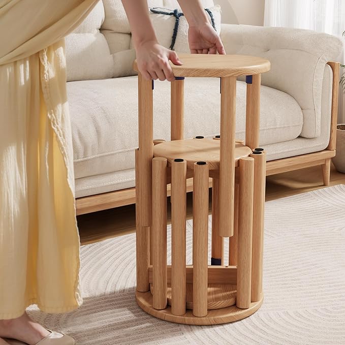 Stackable Stools Set of 4,4-in-1 Wood Stool,Round Wooden Stools with Anti-Slip Foot Pads for Kitchen,Bedroom,Living Room,Bar,No Assembly Required Durable and Space-Saving Design,18 inch (Natural)-Ruum Studio Home