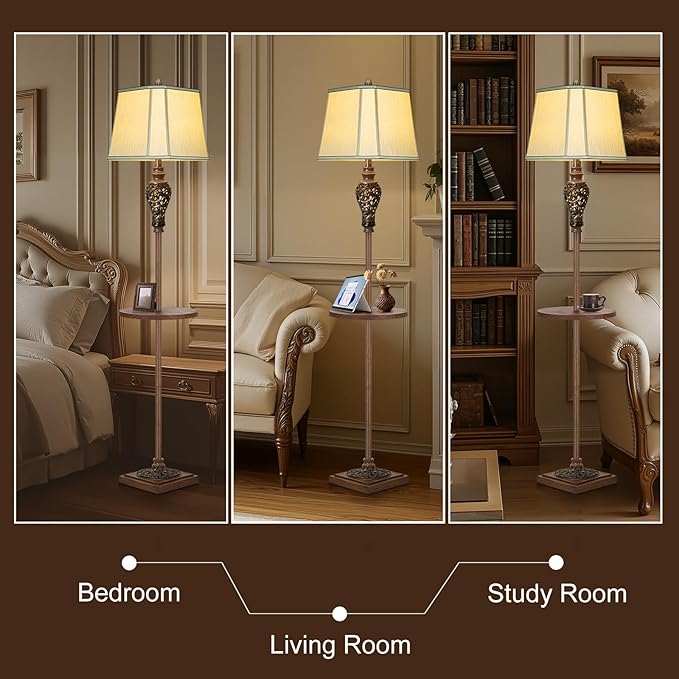 65" High Vintage Floor Lamp with Night Light and Glass Tray, Farmhouse Standing Lamp with Beige Faux Silk Shade, Retro Rustic Tall Lamp Decor for Living Room, Bedroom, Bedside, Corner (Bulb Included)-Ruum Studio Home