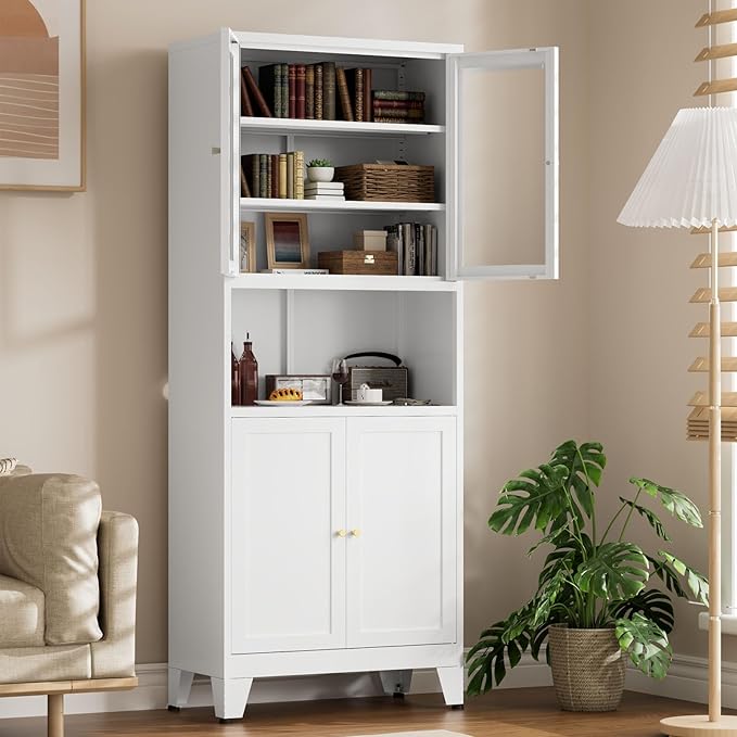 69" Tall Pantry Cabinet, Kitchen Storage Cabinet with 2 Glass Doors and Adjustbale Shelves, Freestanding Metal Cupboards for Dining Room, Living Room, Bathroom-Ruum Studio Home