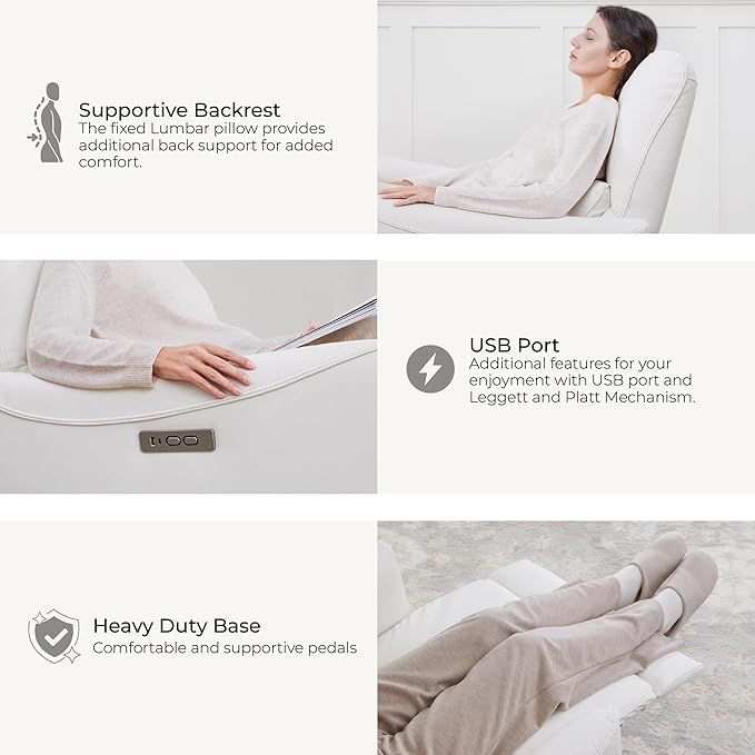 CHITA Power Recliner Chair Swivel Glider, FSC Certified Upholstered Faux Leather Living Room Nursery Reclining Sofa Chair with Lumbar Support, White-Ruum Studio Home