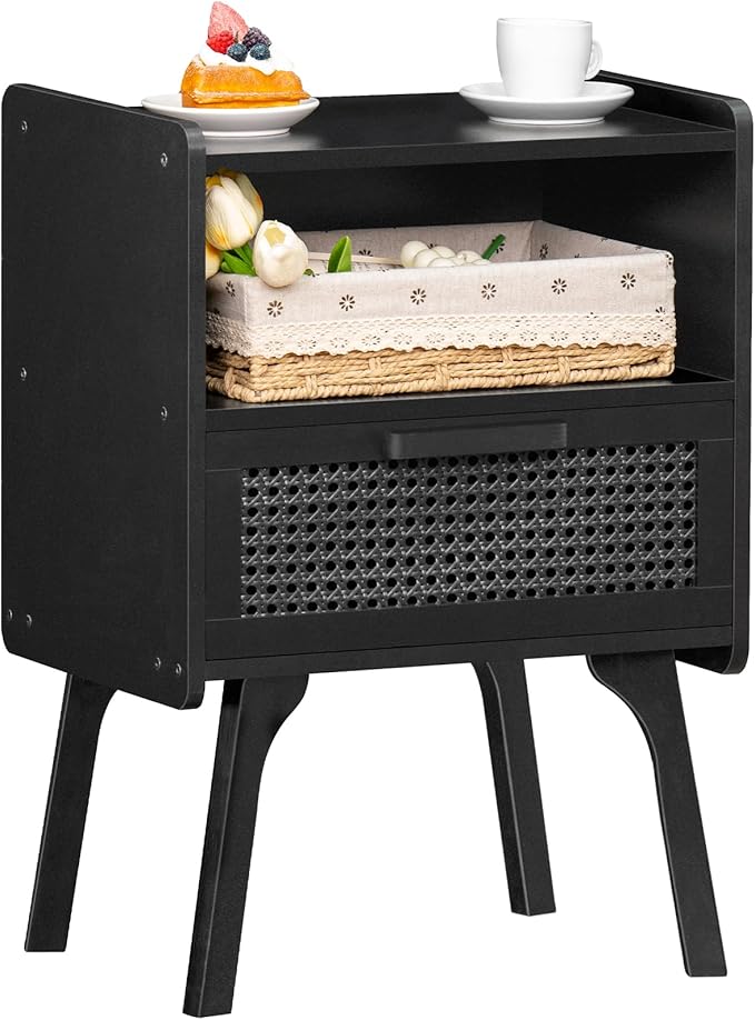 Lerliuo Rattan Nightstand, Side Table with Drawer Open Shelf, Cane Accent Bedside End Table with Solid Wood Legs, Mid Century Modern Night Stand for Bedroom, Dorm and Small Spaces (Black)-Ruum Studio Home