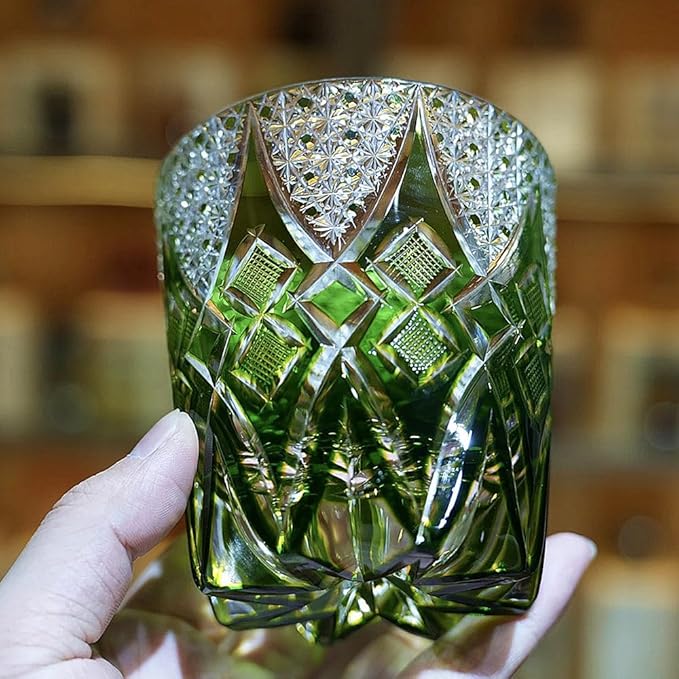 JEKE Edo style Hand Carved Drinking Glass Crystal Whisky Glass 340ml Tumbler For Whiskey Cocktail-Vodka-Beer Drinkingware Glasses In Gift Carton (Green)-Ruum Studio Home